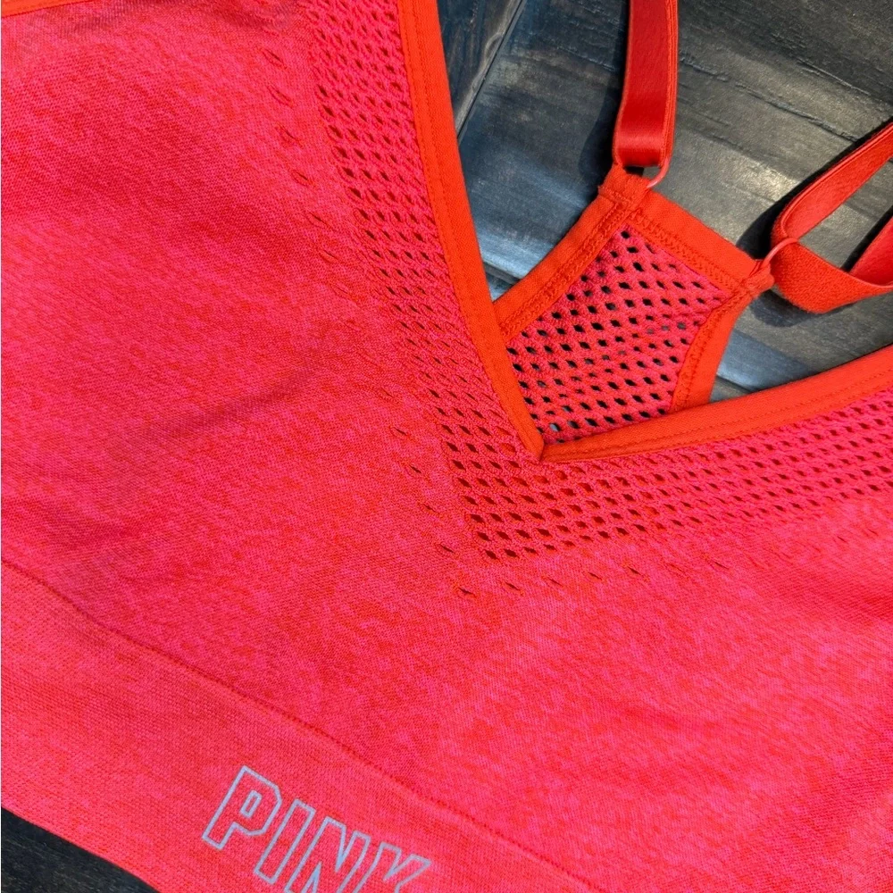 PINK Victoria's Secret Seamless Sports Bra Heather Red Orange Mesh V-Neck Large - Picture 2 of 7